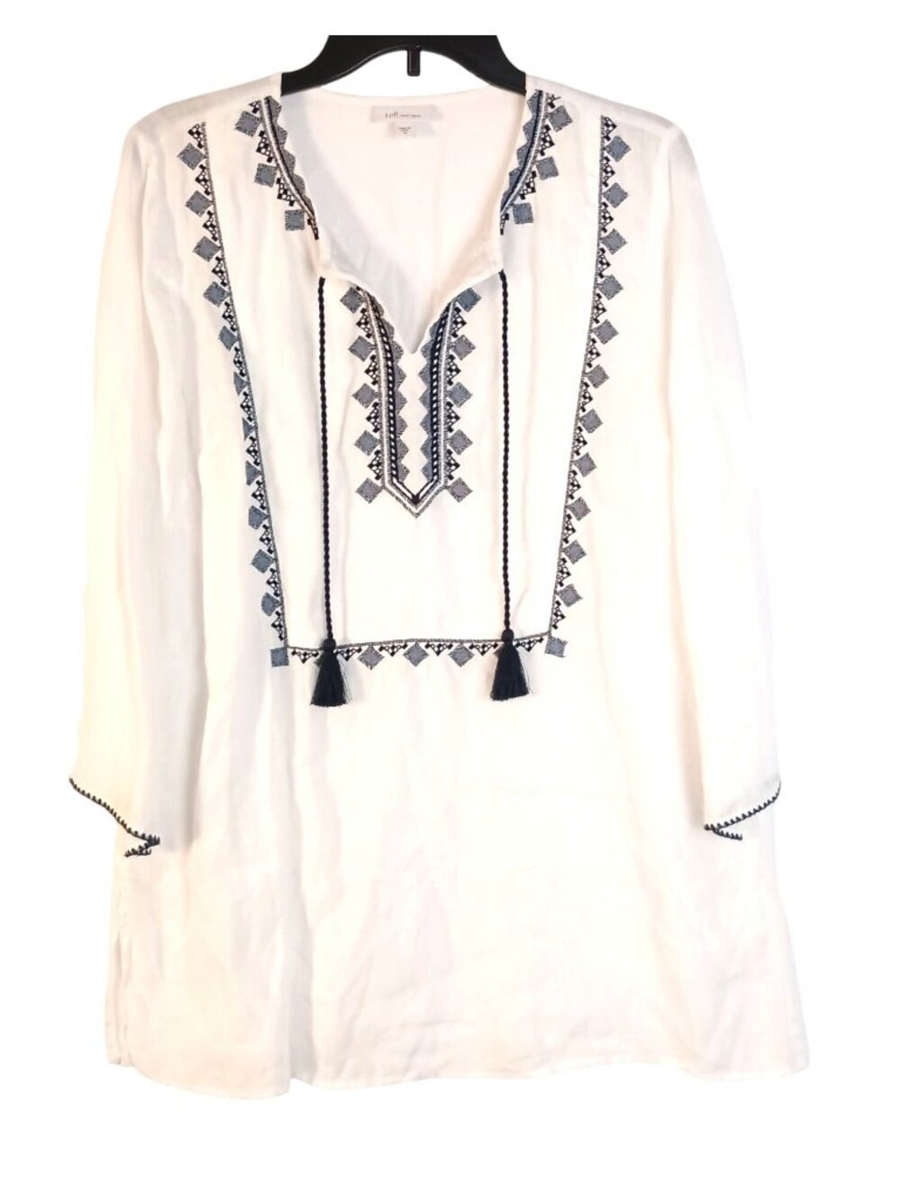 J. Jill White Long-Sleeve Embroidered Peasant Tunic with Navy Accents